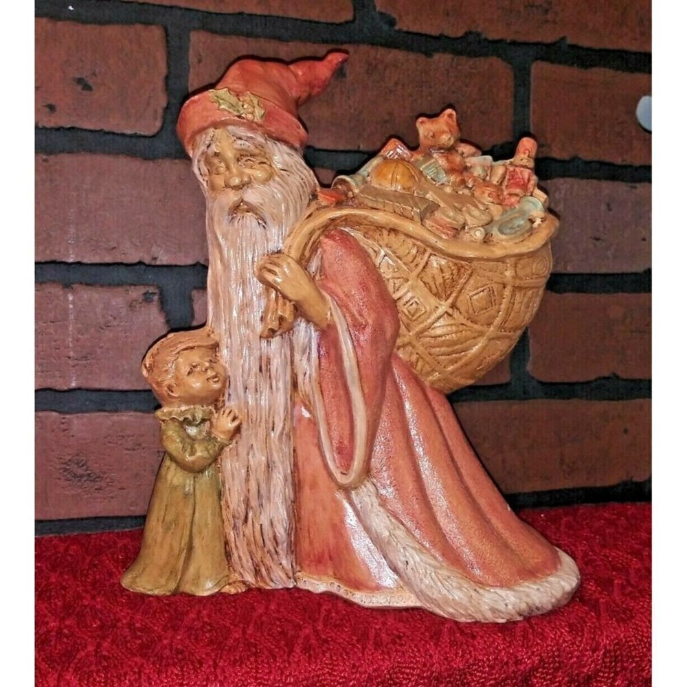 Vintage Antique Santa Figure w Child & Bag of Toys Ceramic Neutral colors RARE